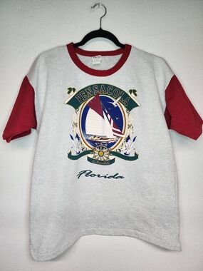 Vintage Pensacola Beach FL Sailboat Graphic Ringer Tee Single Stitch Shirt